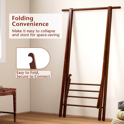 Dreamade Folding Rubber Wood Clothes Hanging Rack Standing Garment Rack with Bottom Storage Shelf
