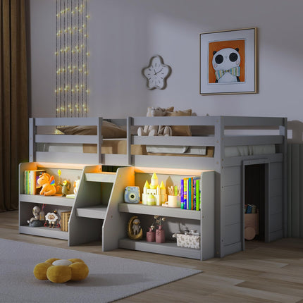 Dreamade Low Loft Bed with LED Lights, Wooden Twin Loft Bed with Stairs & Safety Guardrail