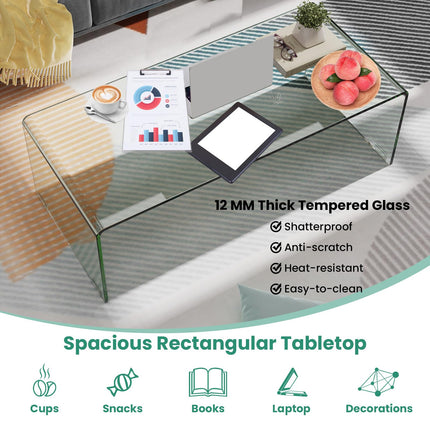 Dreamade 42 x 19.7 Inch Clear Tempered Glass Coffee Table with Rounded Edges
