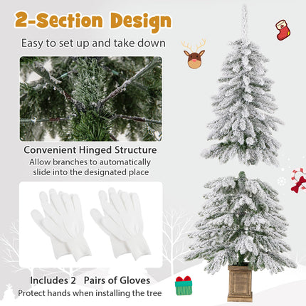 Dreamade 6ft Snow Flocked Christmas Tree for Entrances, Hinged Artificial Potted Xmas Tree with 48 Ball Ornaments
