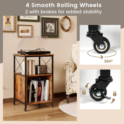 Dreamade Record Player Stand with Charging Station Rolling 3-Tier Turntable Stand