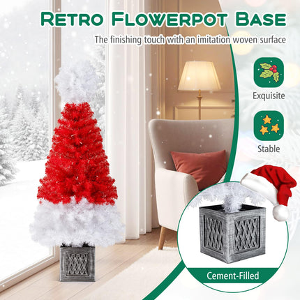 Dreamade 4 FT Pre-Lit Christmas Tree for Entrances, Artificial Potted Santa Hat Xmas Tree with 300 Branch Tips