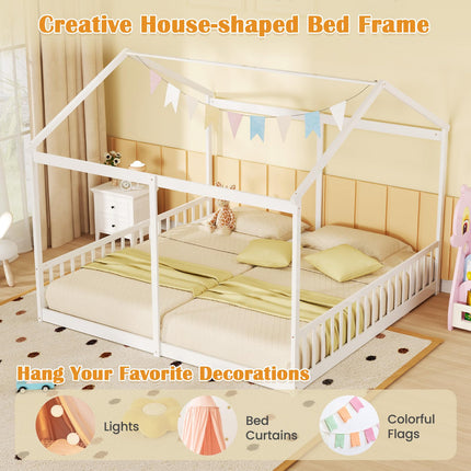 Dreamade Double Twin Floor Beds for 2 Kids, Wood Twin Size House Beds with Safety Guardrails, White
