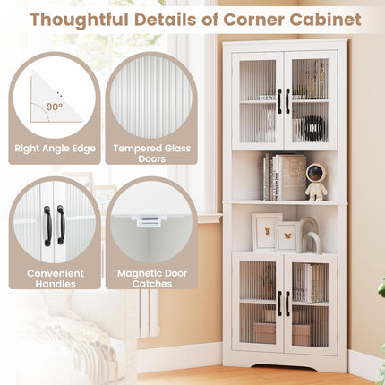 Dreamade 67" Tall Corner Cabinet Space-Saving Triangular Storage Cabinet w/ 4 Tempered Glass Doors