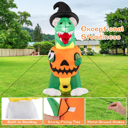 Dreamade 6 FT Inflatable Pumpkin Dinosaur, Blow up Yard Decoration with Built-in LED Lights & Witch Hat