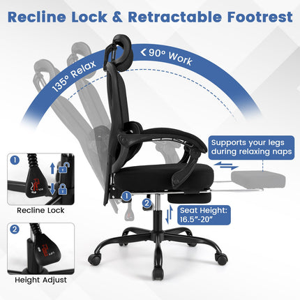 Dreamade Mesh Office Chair with Retractable Footrest 135° Tilting Backrest