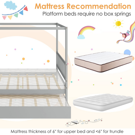 Dreamade Canopy Bed w/ Trundle, Full Size Kids Solid Wood Platform Bed Frame