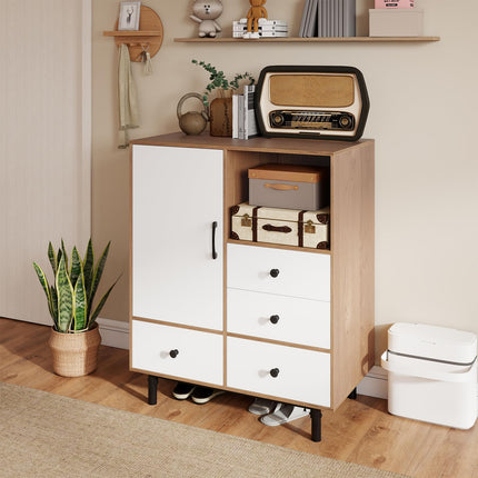 Dreamade Storage Cabinet with 4 Drawers Door & Open Compartment, Metal Support Legs