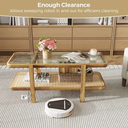 Dreamade Rattan Coffee Table, 47.5" Rectangle Solid Wood Tea Table w/Tempered Glass Tabletop