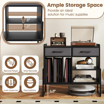 Dreamade Large Record Player Stand with Charging Station Mid Century Modern Vinyl Storage Cabinet