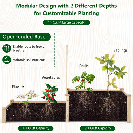 Dreamade Raised Garden Bed with Trellis, Set of 2 Wood Shallow & Deep Planter Box for Climbing Plants