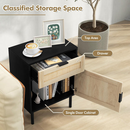 Dreamade Rattan Nightstand Set of 2, Mid Century Modern End Table with Drawer & Cabinet, Sofa Side Table with Sturdy Metal Legs