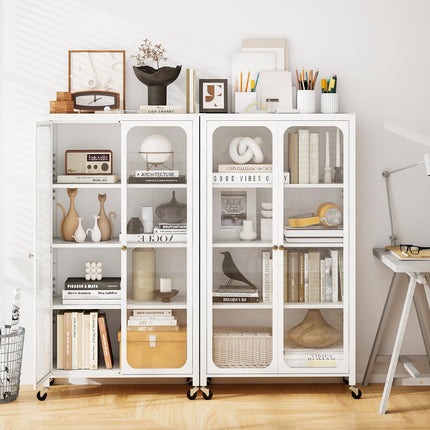 Dreamade Bookcase with Doors 58" Tall 4-Tier Bookshelf with Wheels
