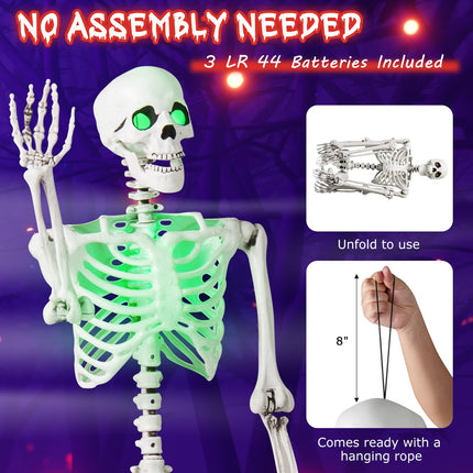 Dreamade 63" Life-Size Posable Skeleton with Green LED Lights Halloween Lighted Skeleton Decoration