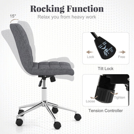 Dreamade Armless Office Chair, Linen Fabric Vanity Chair with Wheels & Adjustable Height, 360° Rolling Swivel Task Computer Chair
