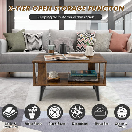 Dreamade Retro Wood Coffee Table, 2-Tier Tea Table w/Open Storage Shelf & Supportive Legs