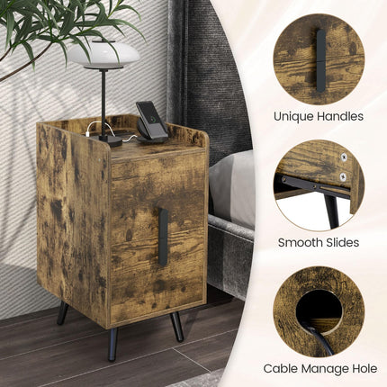 Dreamade Nightstand with Charging Station, Narrow End Table with 2 Drawers & Metal Gold Legs