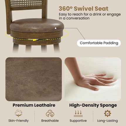Dreamade 30" Bar Height Bar Chairs with PE Rattan Backrest Upholstered Leathaire Barstools