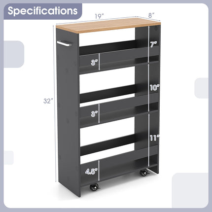 Dreamade 4 Tier Rolling Slim Storage Cart, 8” Narrow Slide Out Kitchen Cart w/Handle & Open Shelves