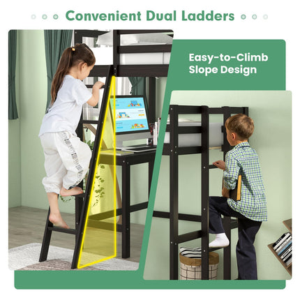 Dreamade Twin Size Loft Bed with Desk, Solid Wood Loft Bed with 2 Ladders & Full Length Guardrail