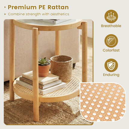 Dreamade 2-Tier Boho Rattan Round Side Table w/Tempered Glass Top (1/2)