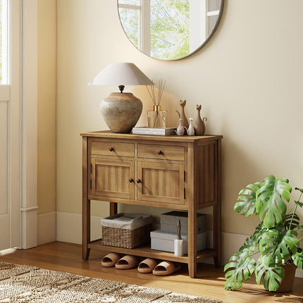 Dreamade Mid-Century Console Table Wood Coffee Bar Buffet Sideboard with 2 Drawers