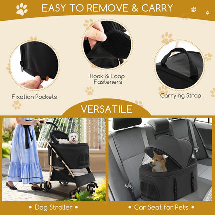 Dreamade Pet Stroller 3-in-1, Folding Dog Stroller Detachable Carrier Car Seat (Black & Gold)