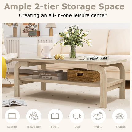 Dreamade 2-Tier Coffee Table with Storage, 47” Mid Century Rectangle Accent Table with Open Shelf