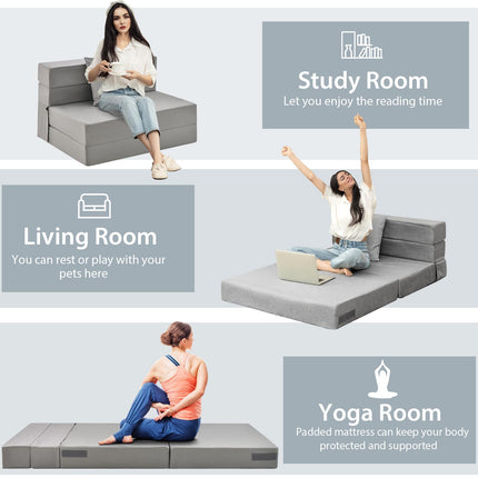 Dreamade 6 Inch Folding Sofa Bed Couch with Pillow, Tri-fold Mattress with High-Density Foam, Dark Grey