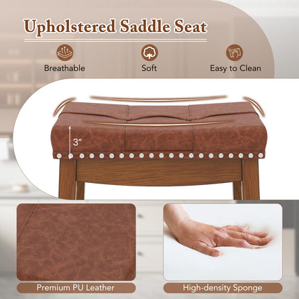 Dreamade Bar Stools Set, 25" Counter Height Bar Stools w/Saddle Seat, Footrest, Rivet, Button Tufted, Rubber Wood Frame