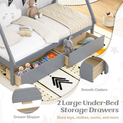 Dreamade Twin Bed Frame with 2 Storage Drawers, Wood House Tent Platform Bed Frame with Triangle Structure