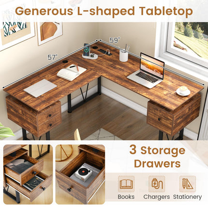 Dreamade L Shaped Desk with Drawers, 59” Large Computer Desk with Power Outlet