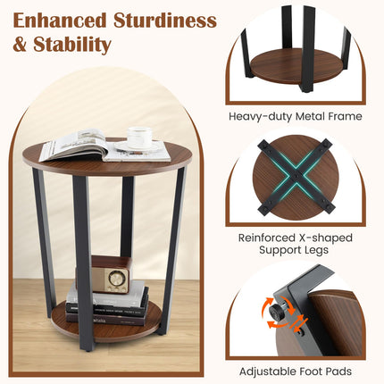 Dreamade Round End Table Set of 1/2, 2-Tier Side Sofa Table with Open Storage Shelf and Metal Frame