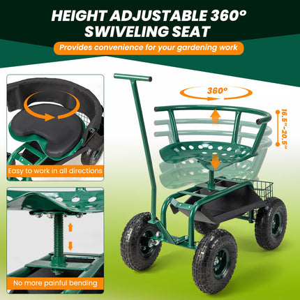 Dreamade Garden Cart, Rolling Workseat with 4 Wheels, Tool Tray, Removable Cushion, Storage Basket