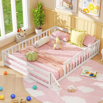 Dreamade Floor Bed with Door & Fence Kids Wood Montessori Beds with Safety Guardrails