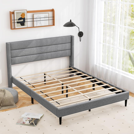 Dreamade Queen/Twin Size Bed Frame, Modern Linen Upholstered Platform Bed with Wingback Headboard