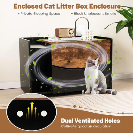 Dreamade Cat Litter Box Enclosure - Hidden Cat Washroom Furniture with Rolling Pull-Out Drawer