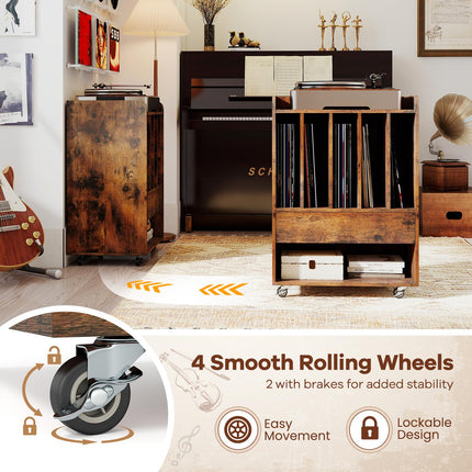 Dreamade Record Player Stand Rolling Turntable Stand with Drawer & Lockable Wheels