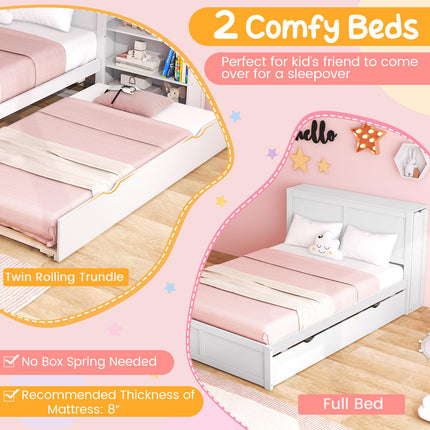 Dreamade Full Bed Frame with Twin Trundle, Wooden Bed Wooden Bed Frame with 2 Rolling Bookcases & High Headboard