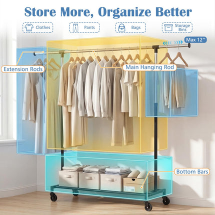 Dreamade Extendable Heavy-Duty Rolling Clothing Rack for Hanging Clothes