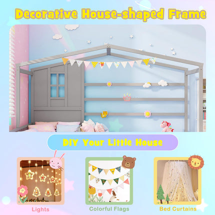 Dreamade Double Twin Beds for Kids, House L-Shaped Platform Beds with Window & Fences