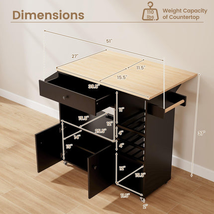 Dreamade Rolling Kitchen Island Cart with Drop Leaf, Power Outlet, Spice Rack, 12 Wine Rack