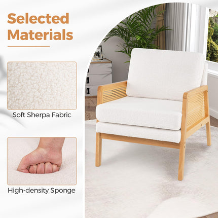 Dreamade Mid Century Modern Accent Chair, Boho Boucle Living Room Arm Chair w/Rattan Arms