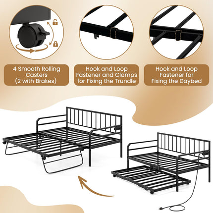 Dreamade Twin Daybed with Trundle, Twin Bed Frame with Charging Station & LED Lights, Metal Trundle Bed Twin w/Steel Slats Support