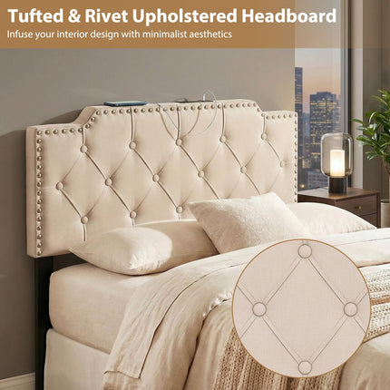 Dreamade Headboard for Queen and Full Size Bed | Rivet Tufted Upholstered Head Board w/ 2 AC Outlets