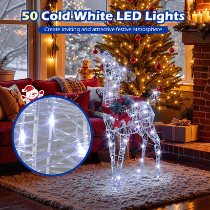 Dreamade Christmas Pre-Lit Reindeer | 50 Cold White LED Lights & Red Bow Stakes & Zip Ties Included