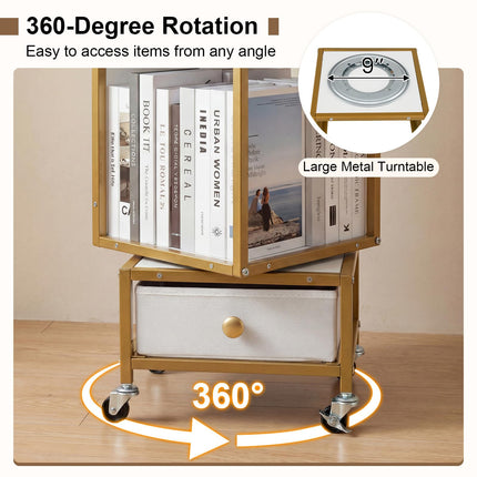 Dreamade 4-Tier Rotating Bookshelf | 360° Spinning Corner Book Shelf Tower W/Removable Fabric Storage Drawer