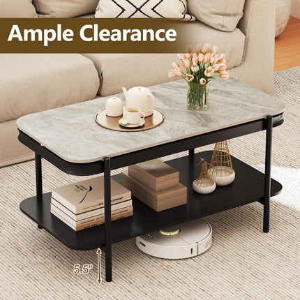 Dreamade 2-Tier Coffee Table with Storage Faux Mable Center Table w/Sintered Stone Top