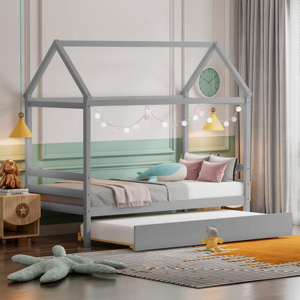 Dreamade House Bed with Trundle, Solid Wood Twin Size Daybed for Girls & Boys