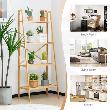 Dreamade 4-Tier Bamboo Bookshelf, Multifunctional Storage Display Rack Shelves with Anti-Tipping Device